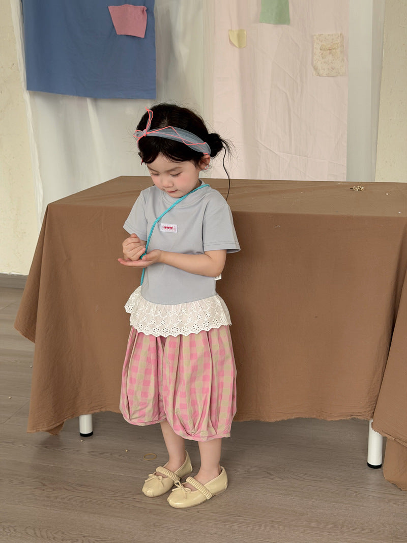 【90-140cm】韓版甜美蕾絲短袖