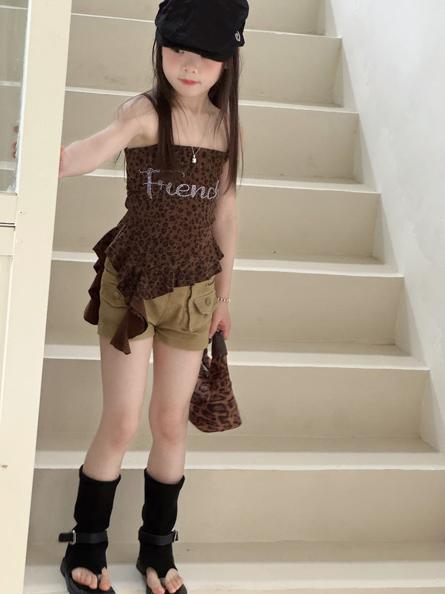 【100-150cm】復古辣妹豹紋燙鑽不規則修身背心