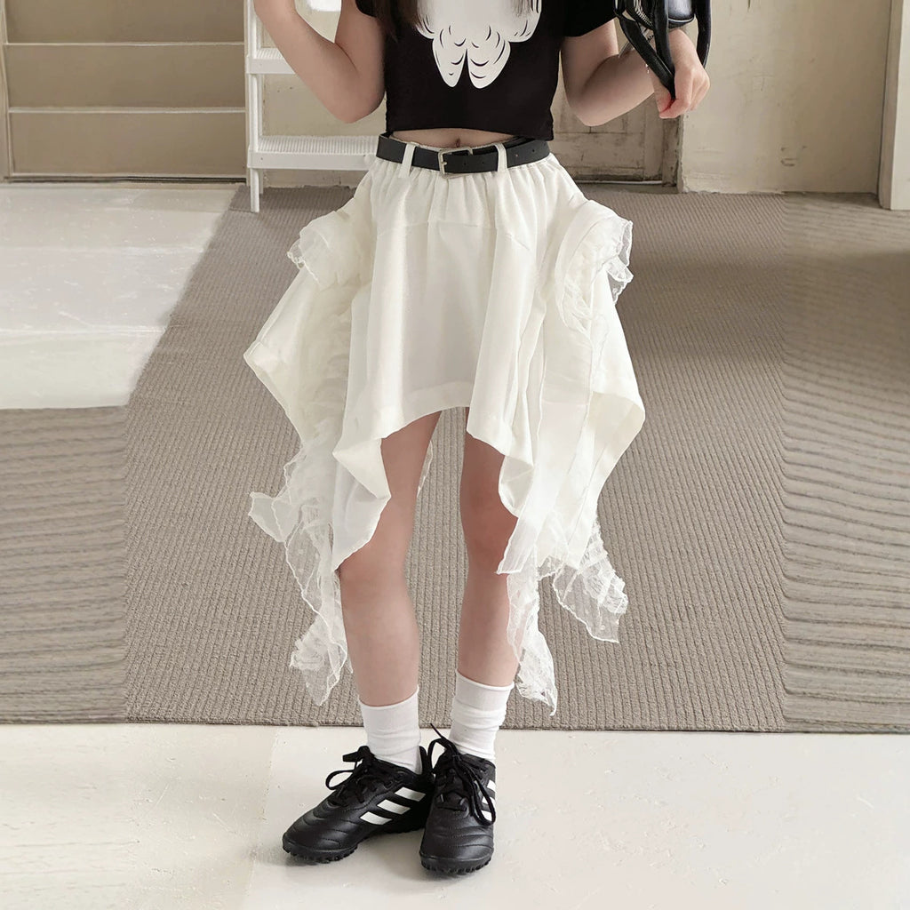【100-150cm】【帶安全褲】蕾絲拼接不規則辣妹短裙