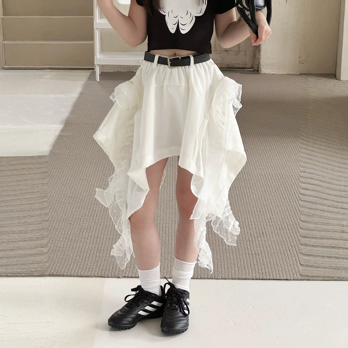 【100-150cm】【帶安全褲】蕾絲拼接不規則辣妹短裙
