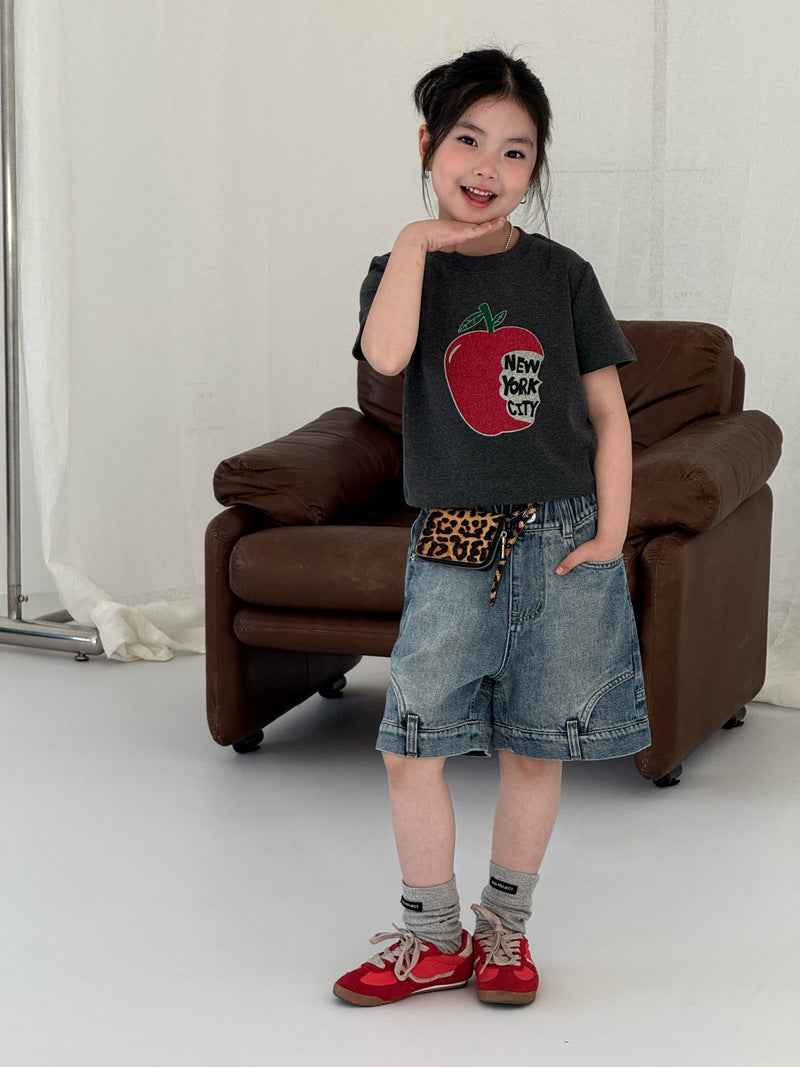 【120-160cm】復古色不規則牛仔中褲