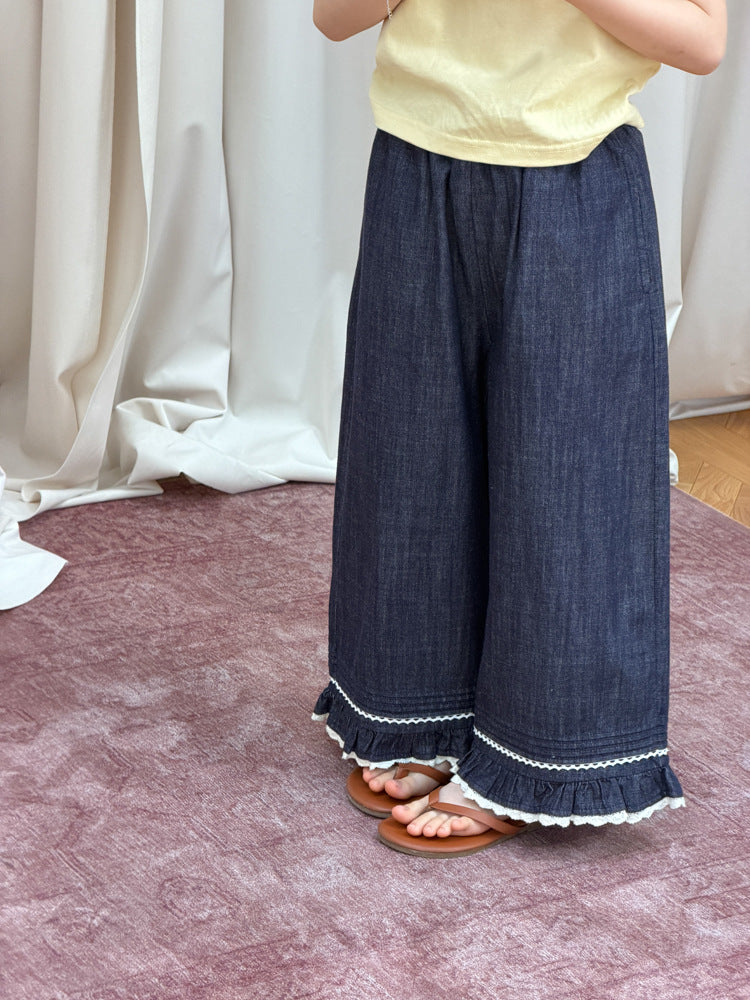 【100-170cm】韓系蕾絲花邊闊腿牛仔褲