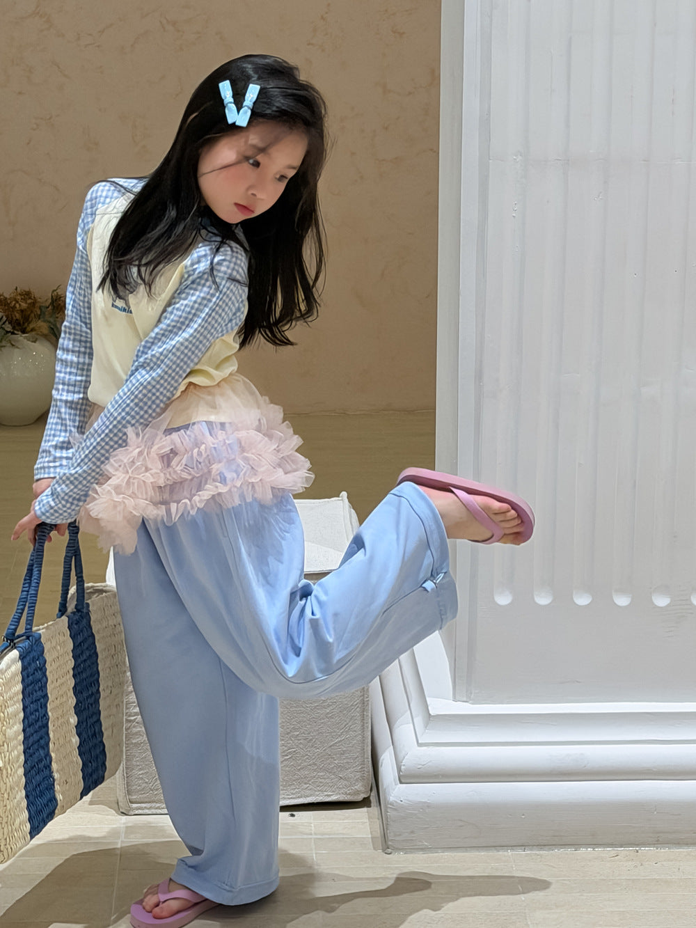 【100-160cm】卡通字母格子拼袖上衣