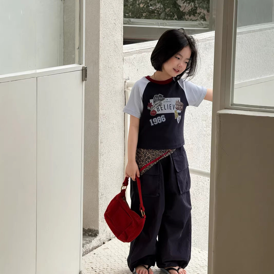 【120-160cm】口袋闊腿工裝褲