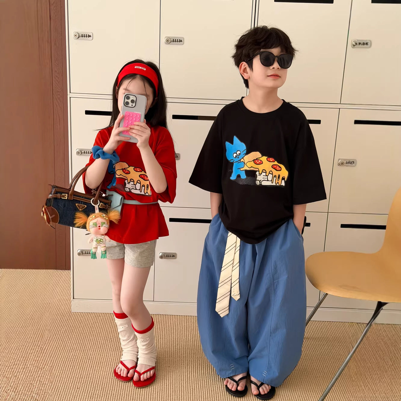 【100-160cm】韓版卡通pizza印花短袖