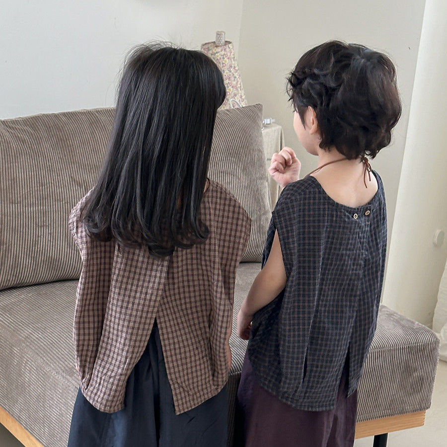 【80-140cm】格子無袖背心 復古開叉上衣