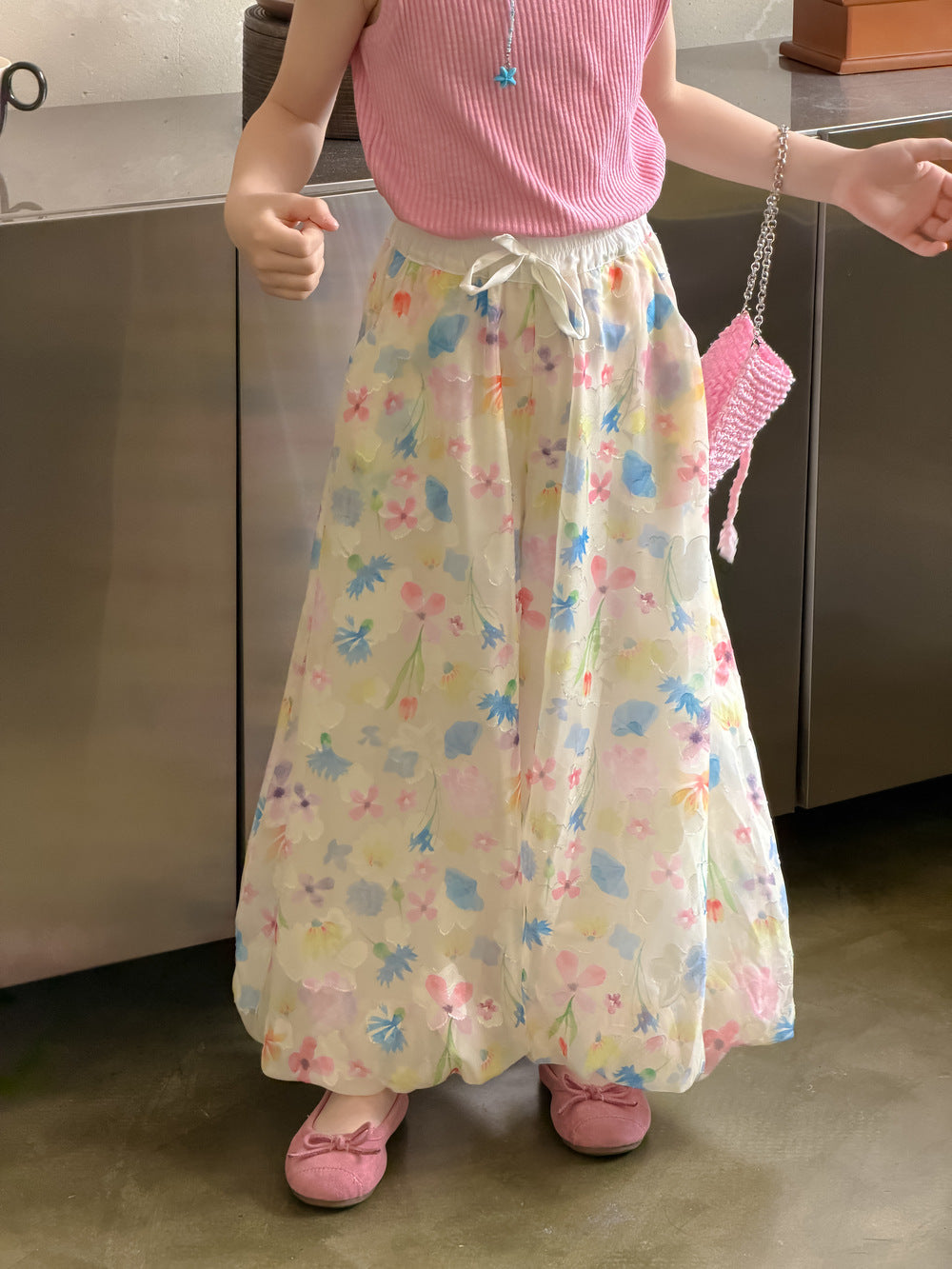 【100-160cm】韓版滿印花朵休閒褲