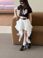 【100-150cm】【帶安全褲】蕾絲拼接不規則辣妹短裙