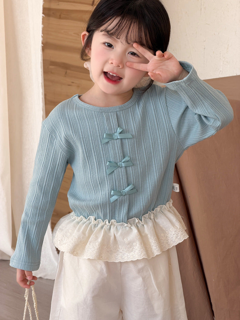 【90-140cm】蕾絲花邊蝴蝶結上衣