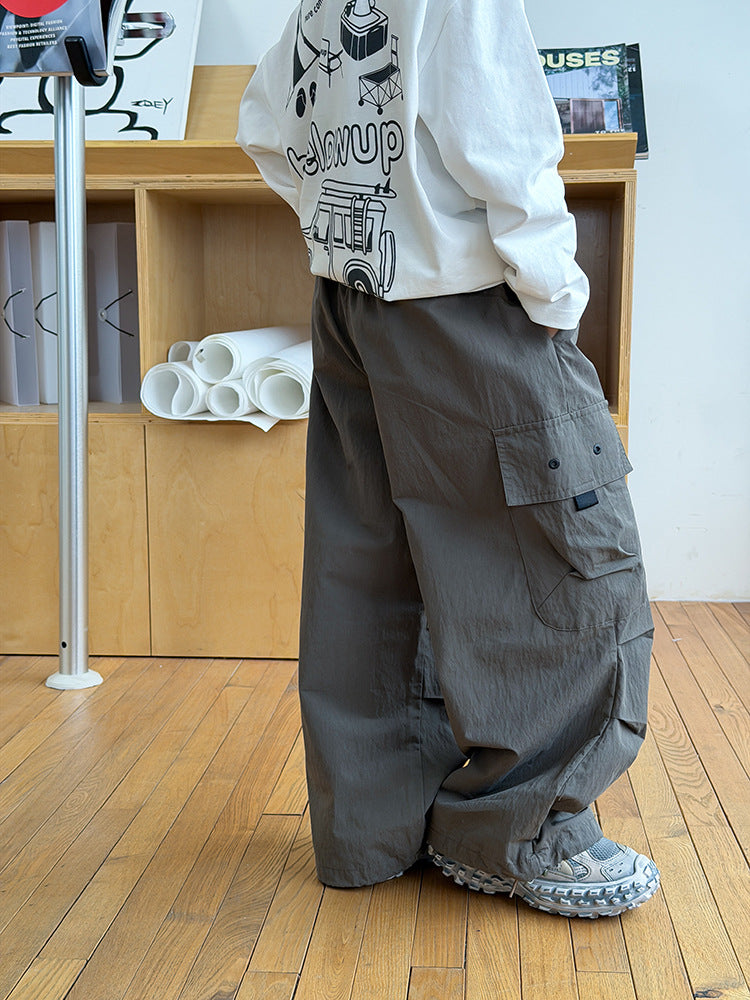 【100-170cm】抽繩寬鬆大口袋工裝褲