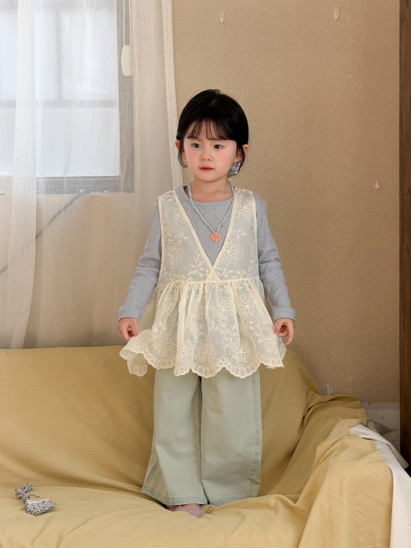 【90-140cm】韓版蕾絲網紗背心針織打底衫背心裙罩衫