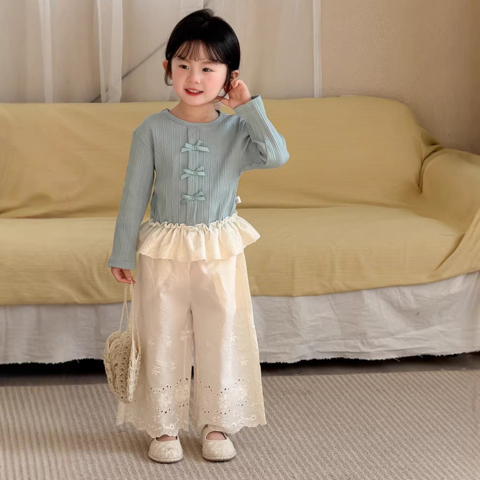 【90-140cm】韓版蕾絲刺繡棉布直筒褲