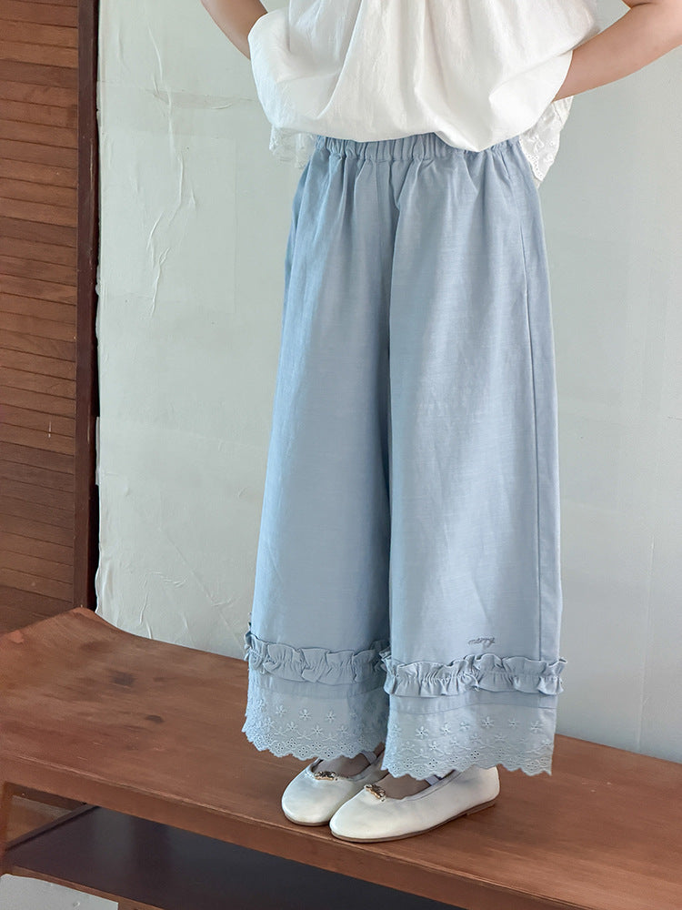 【100-170cm】甜美花邊冰感闊腿褲