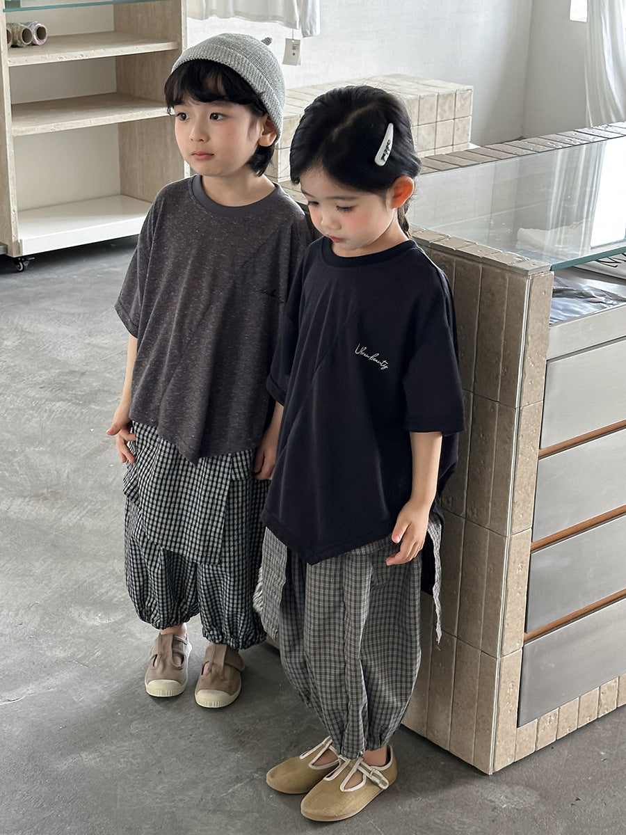 【80-140cm】棉麻不規則字母半袖T
