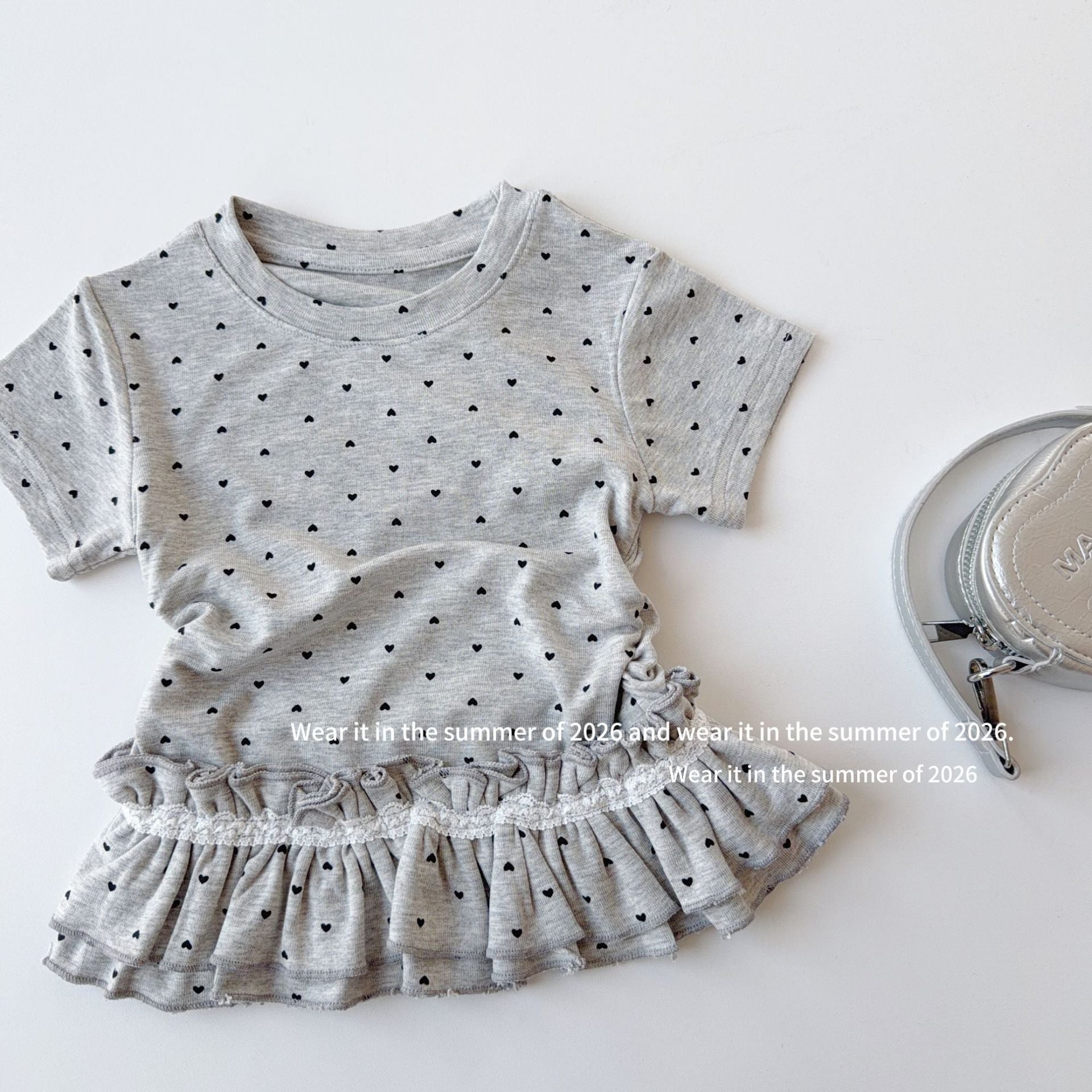 【90-150cm】愛心波點蕾絲花邊下擺上衣