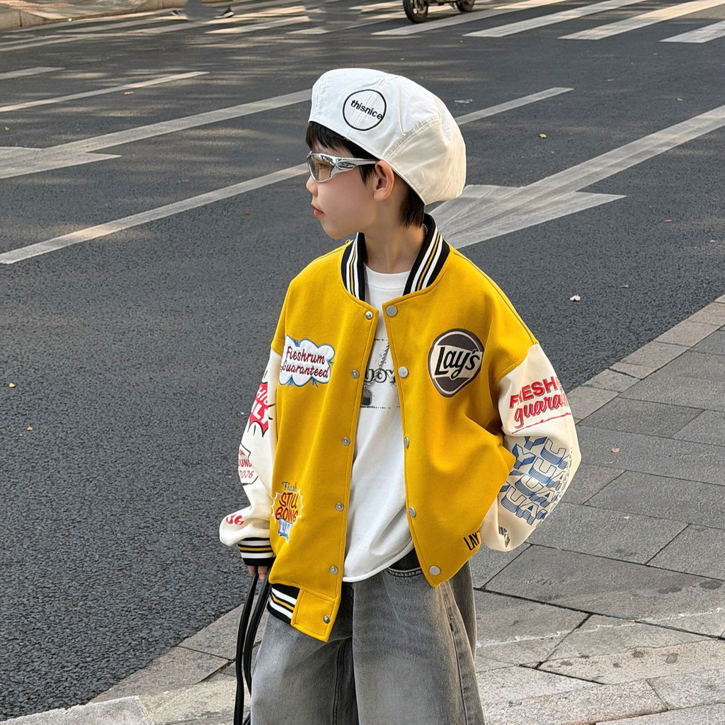 【90-160cm】美式個性寬鬆撞色棒球外套