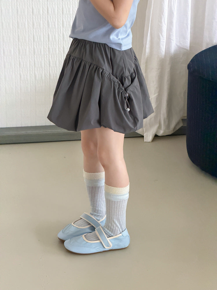 【100-170cm】甜美可愛雙側抽繩褶皺花苞短裙
