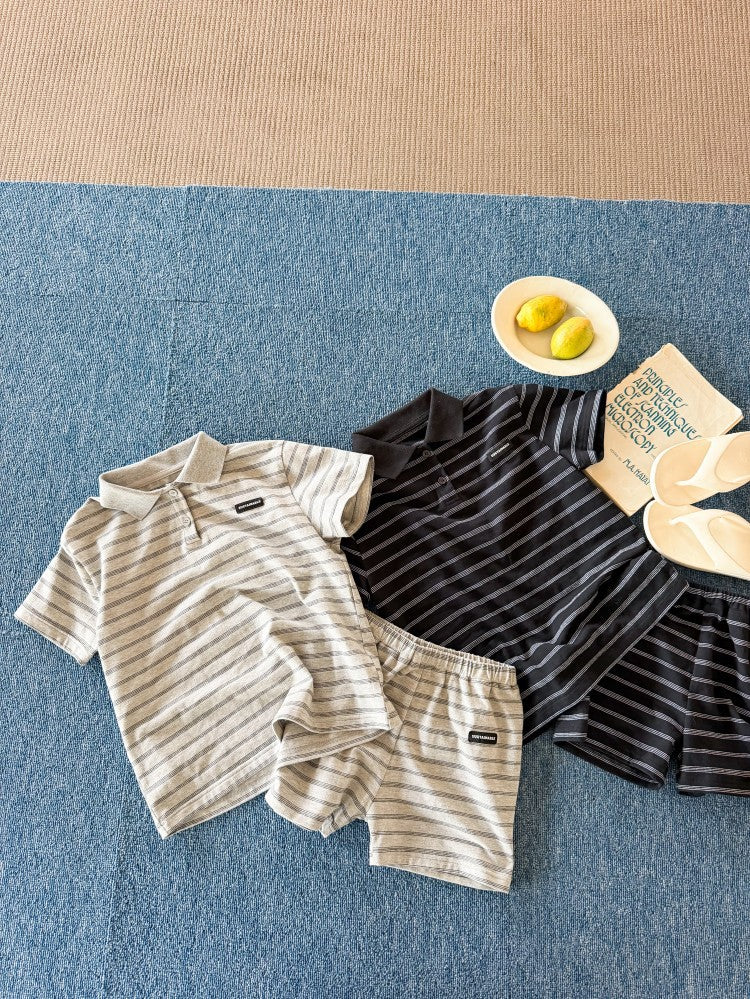 【100-170cm】2色-學院風條紋POLO短袖套裝