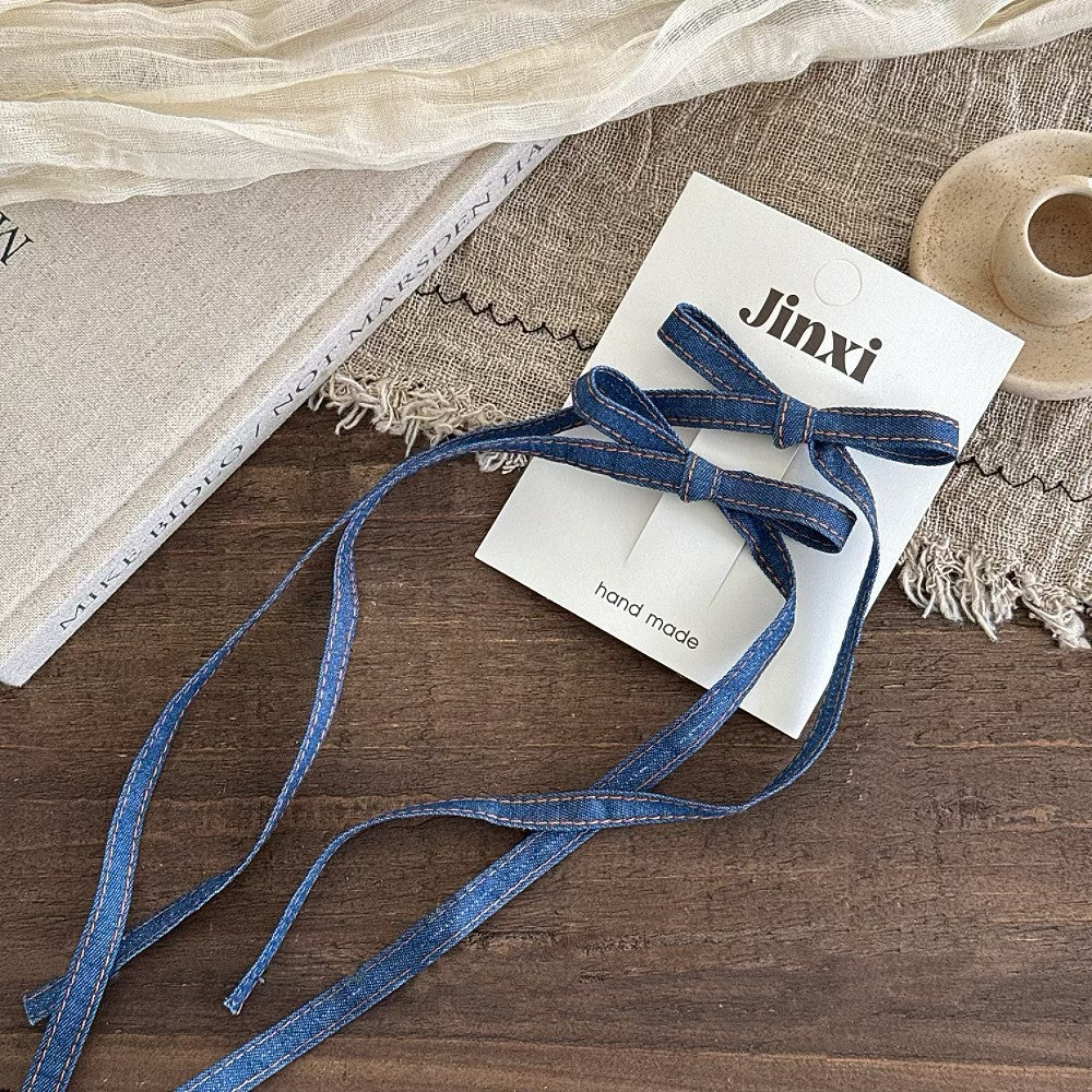 牛仔蝴蝶結長飄帶髮夾
