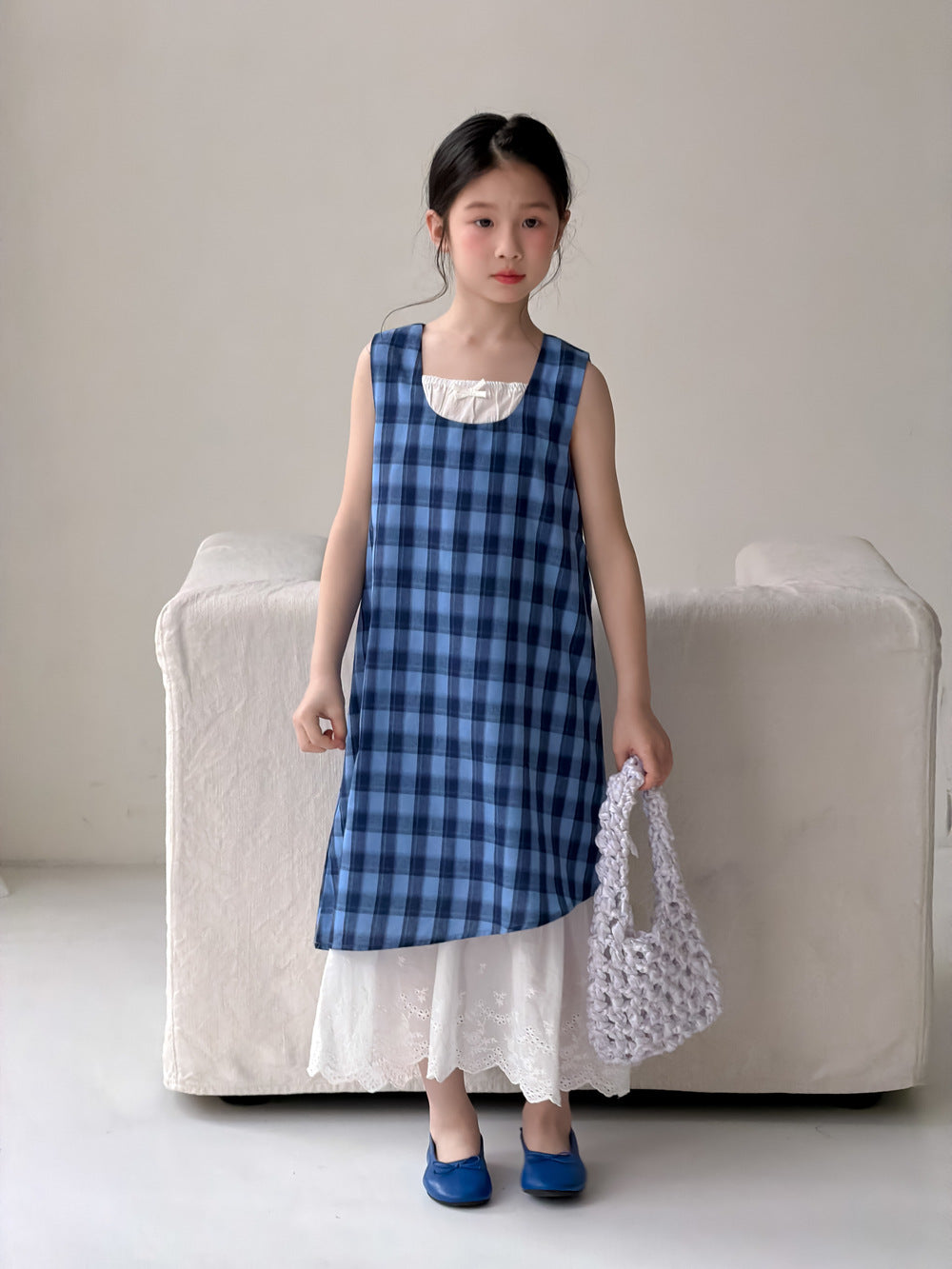 【100-160cm】韓版休閒藍格子背心裙