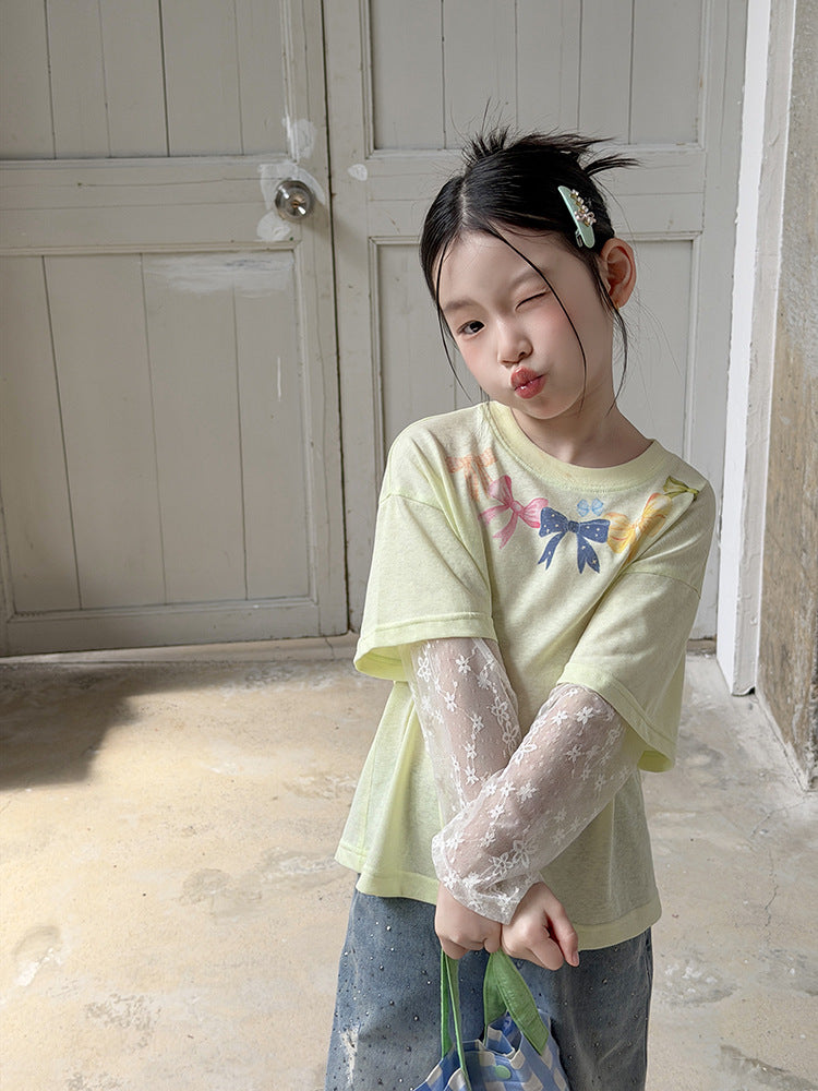 【100-170cm】氛圍感韓系甜美假兩件防曬蕾絲袖T