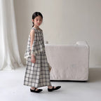 【100-160cm】韓版花邊格紋寬褲套裝