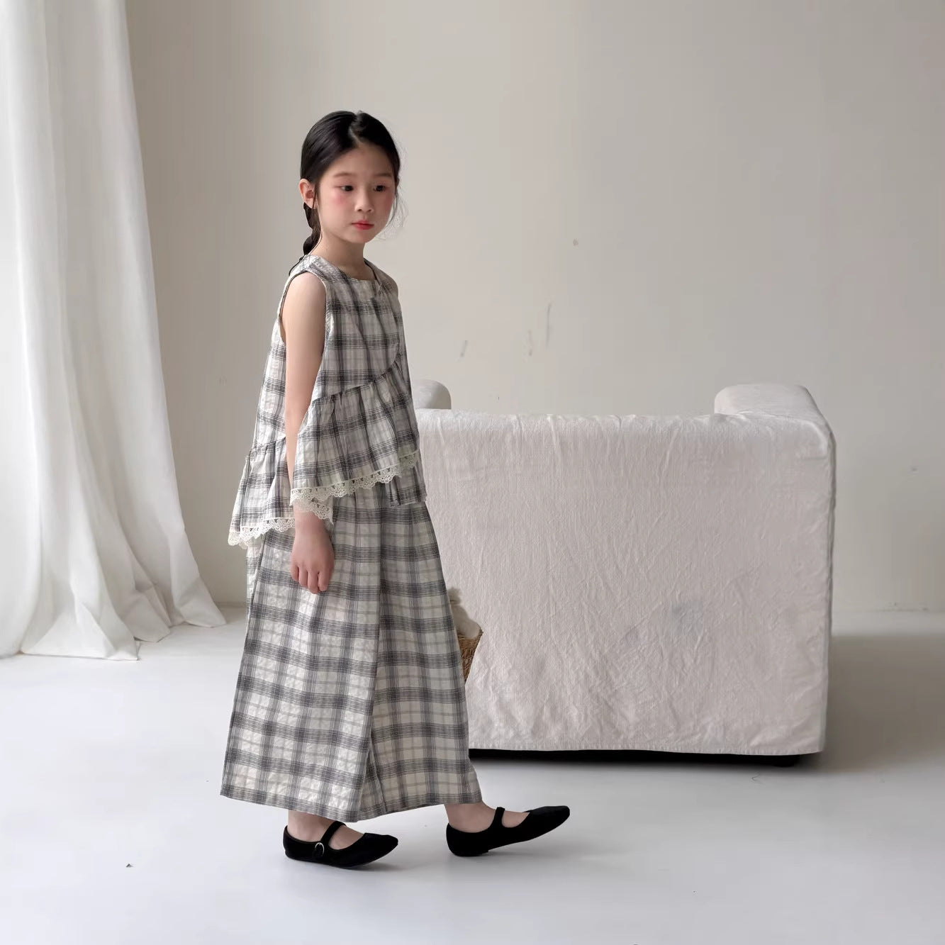 【100-160cm】韓版花邊格紋寬褲套裝