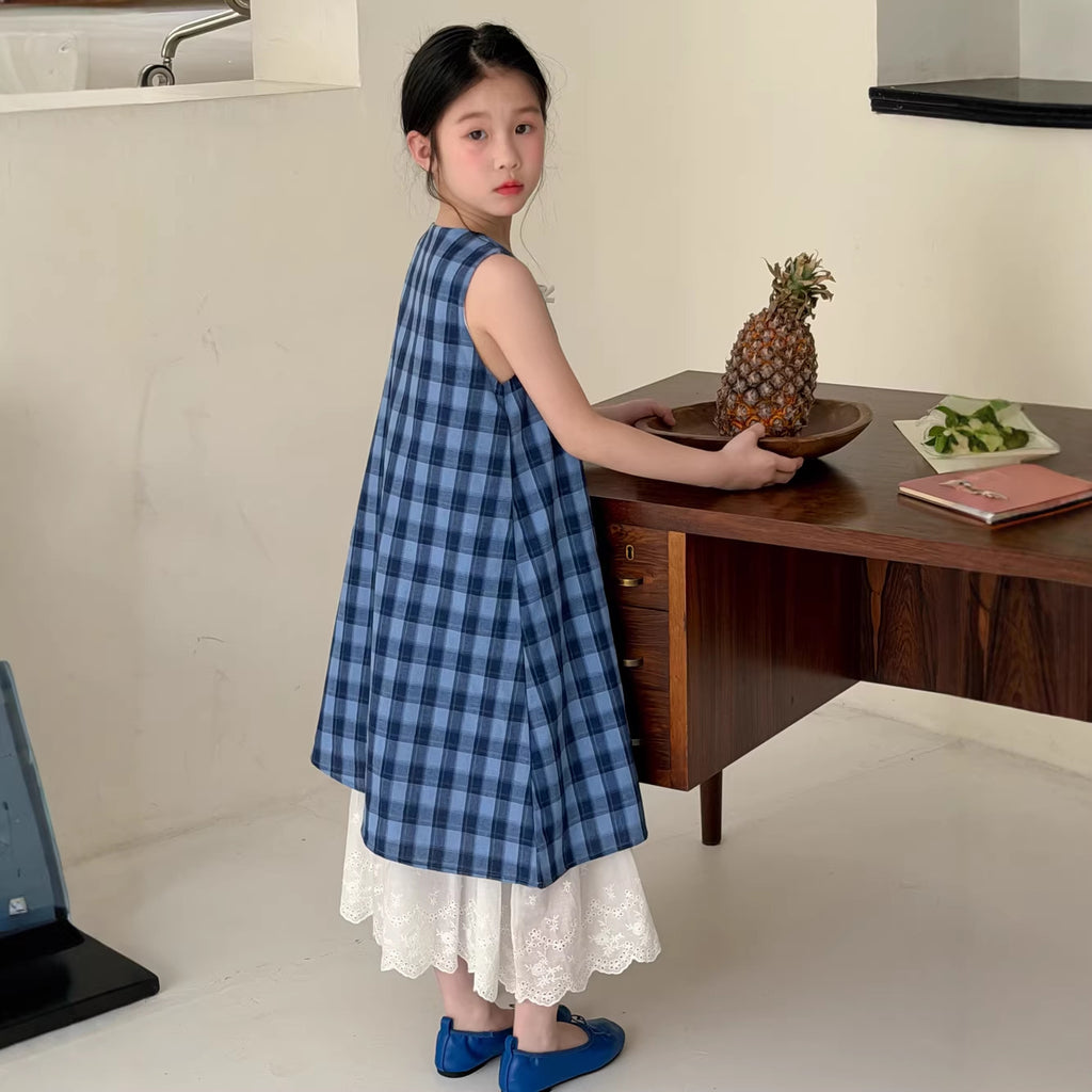 【100-160cm】韓版休閒藍格子背心裙