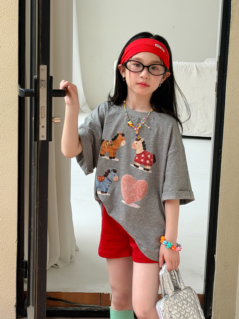 【100-160cm】韓版愛心小馬印花短袖 | 辣妹短褲