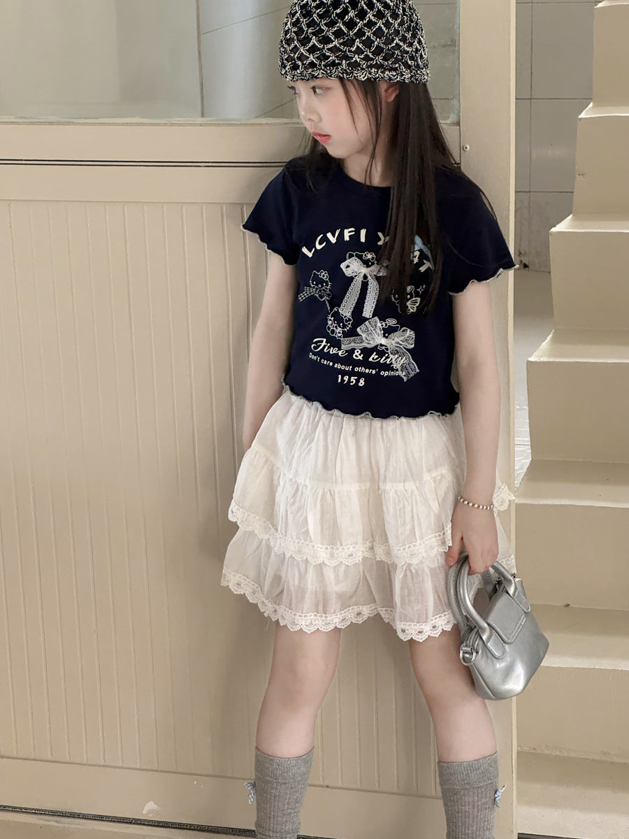 【100-150cm】甜美蕾絲蝴蝶結T