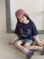 【100-170cm】氛圍感韓系甜美假兩件防曬蕾絲袖T