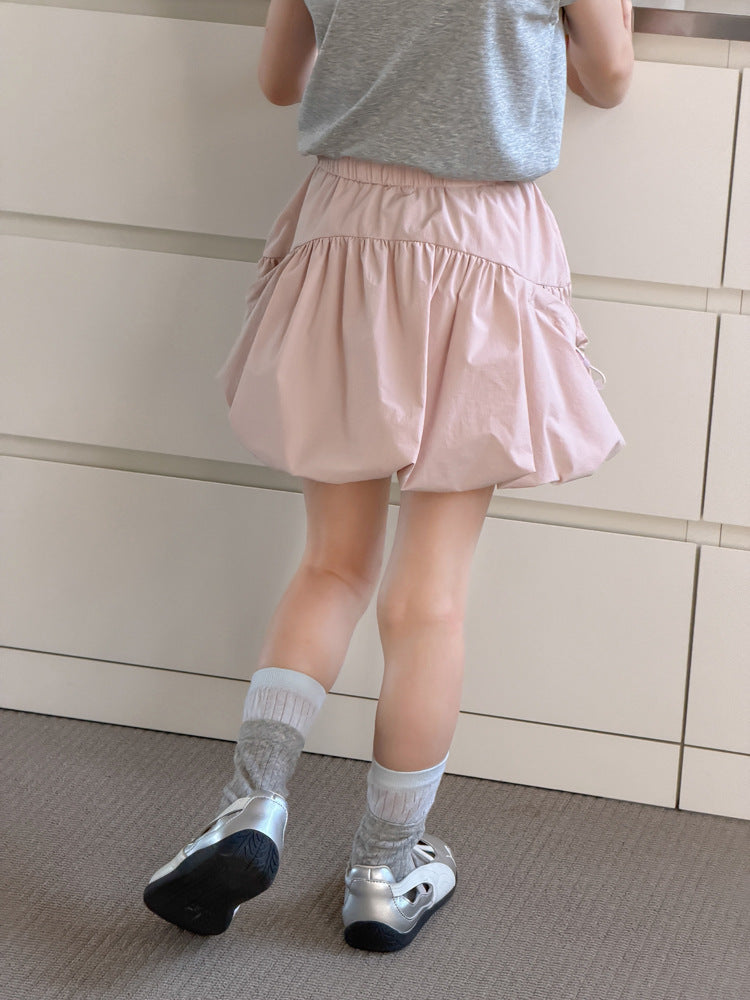 【100-170cm】甜美可愛雙側抽繩褶皺花苞短裙