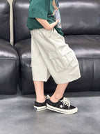 【100-170cm】3色~水洗棉寬鬆工裝五分褲