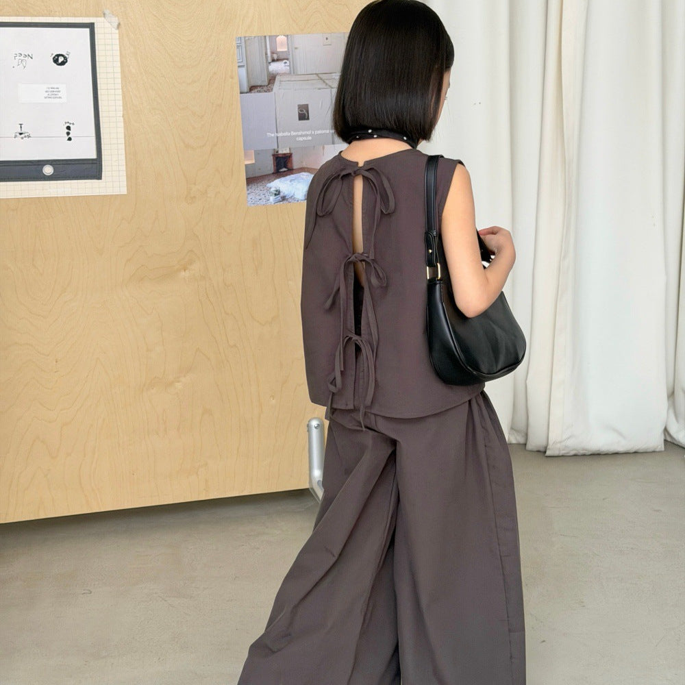【100-160】韓版小眾露背背心+闊腿褲套裝