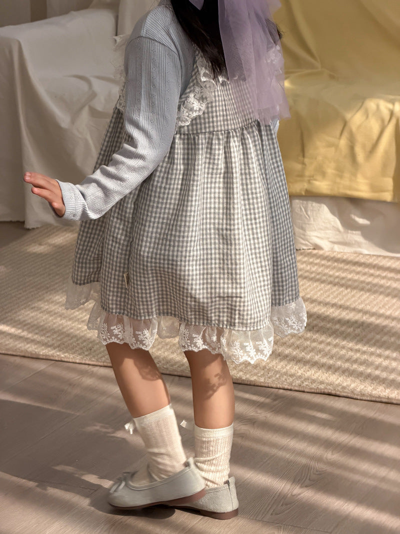 【90-140cm】花邊格子洋裝吊帶裙