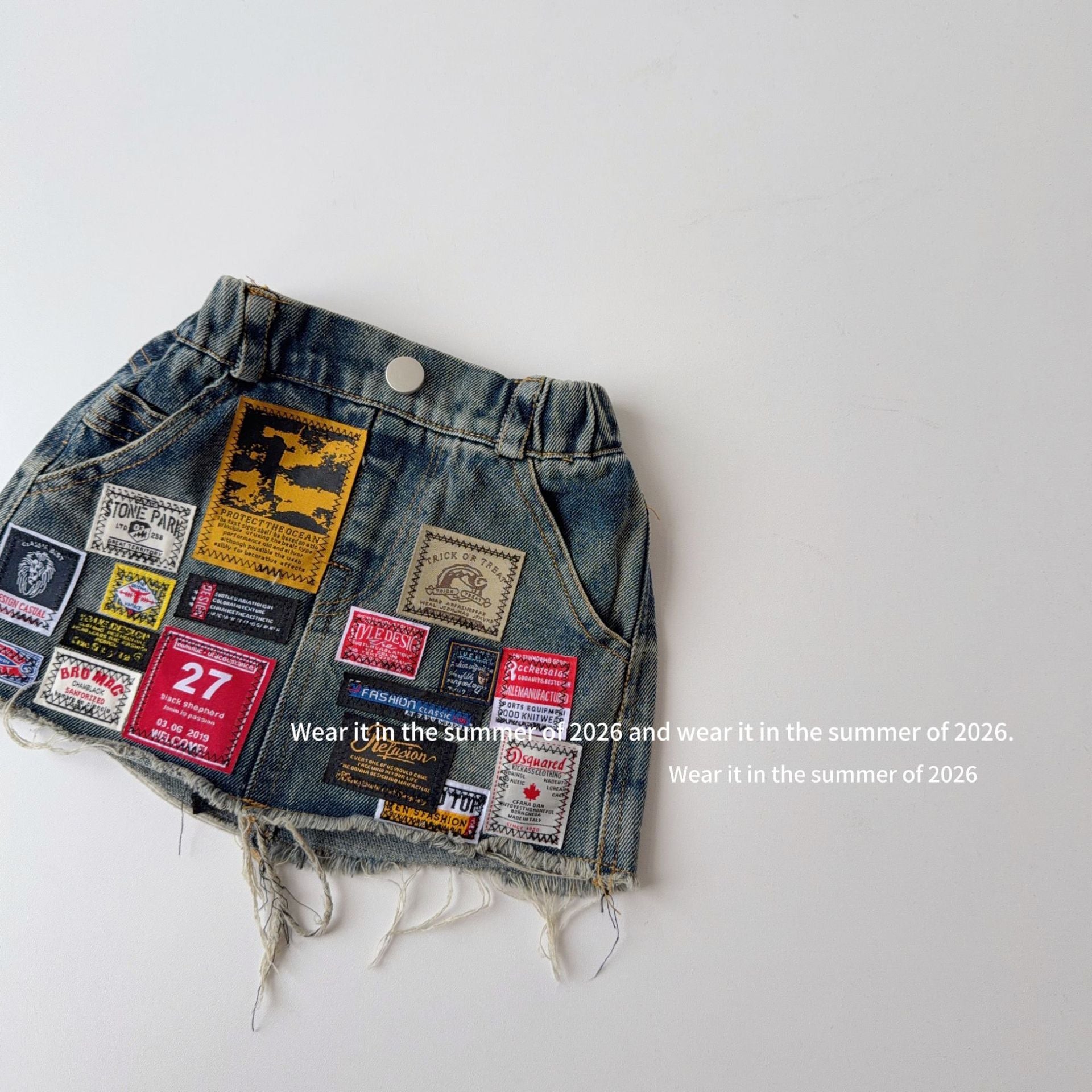 【90-150cm】(帶安全褲)拼接刺繡牛仔短裙