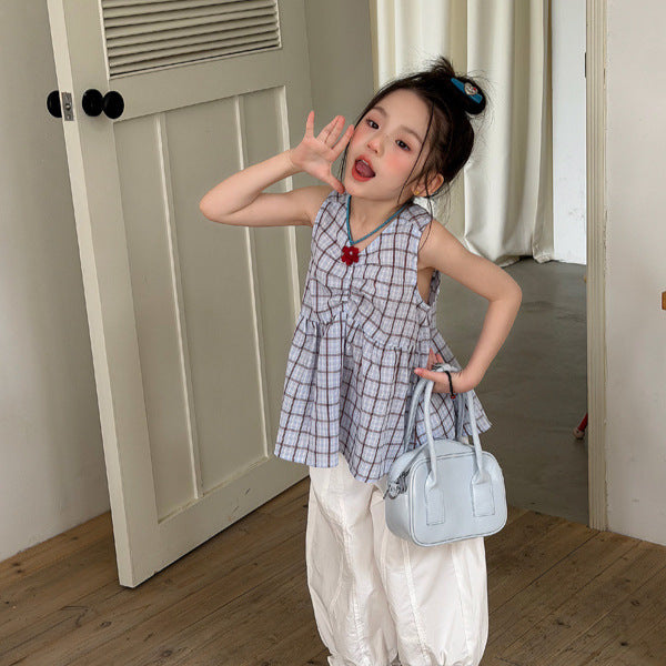 【100-160cm】韓版格子無袖娃娃衫
