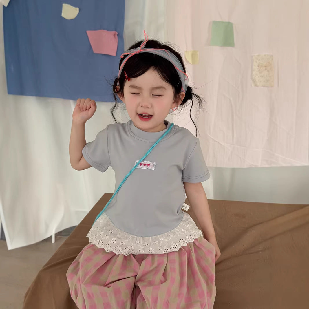【90-140cm】韓版甜美蕾絲短袖