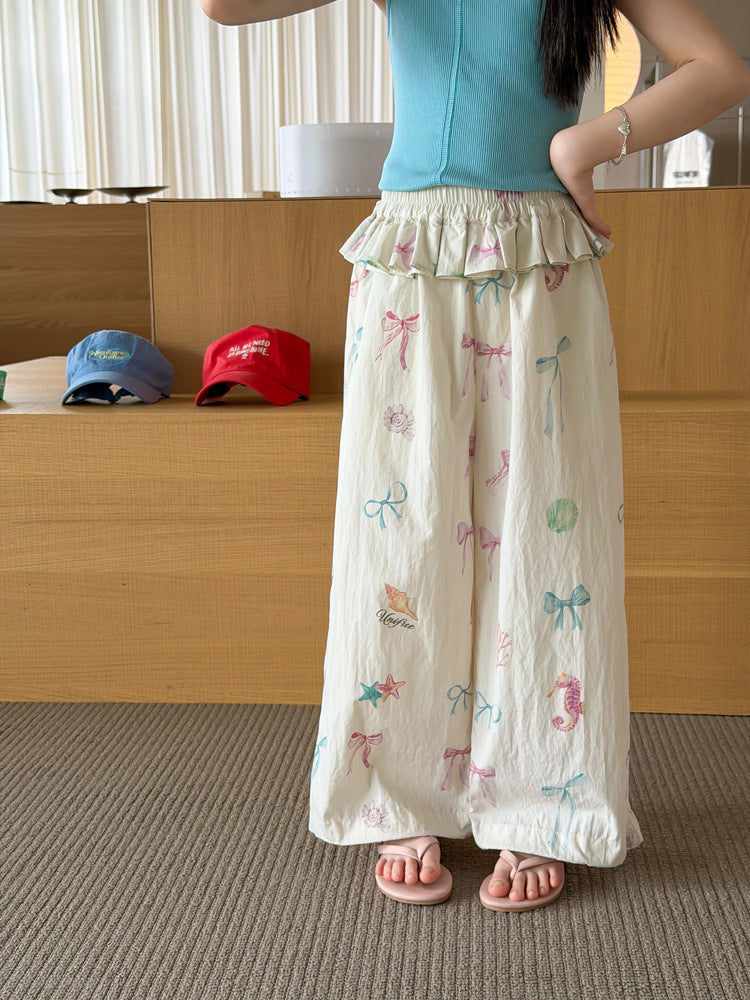 【100-170cm】彩色蝴蝶結屁簾直筒褲