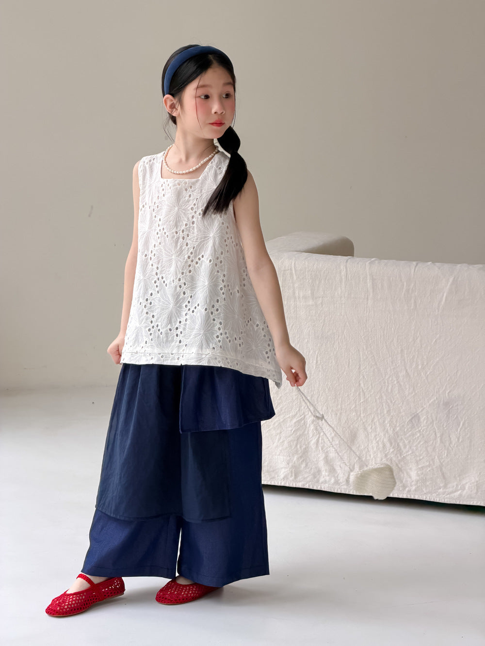 【100-160cm】韓版純色屁簾闊腿褲