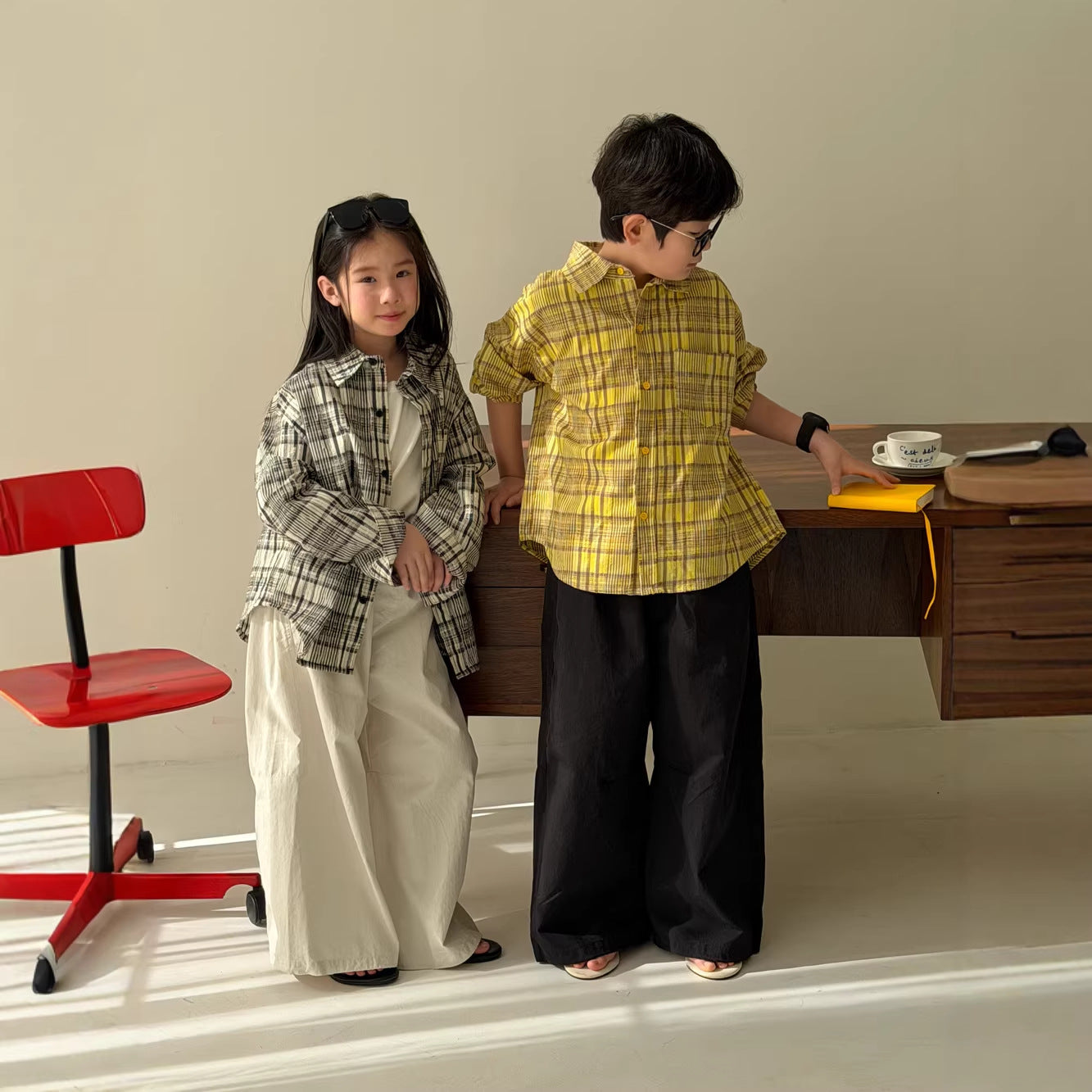 【100-160cm】格紋寬鬆翻領襯衫