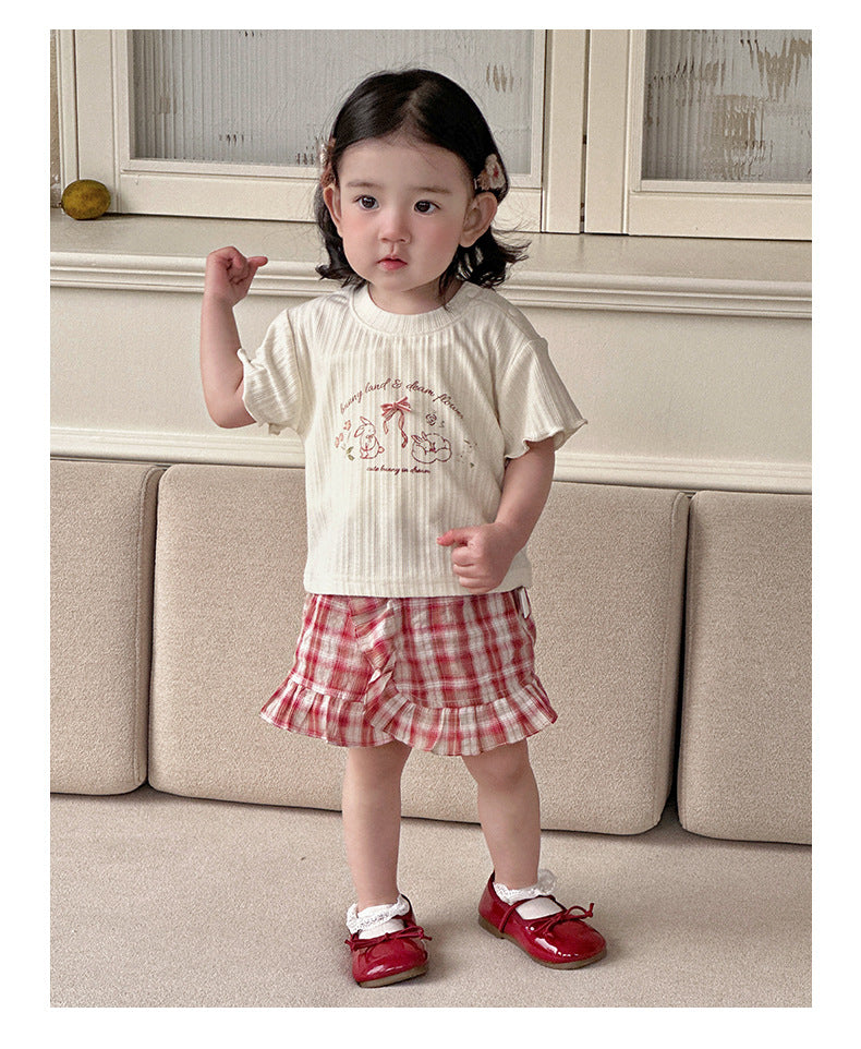 【73-100cm】兔兔格子短褲套裝