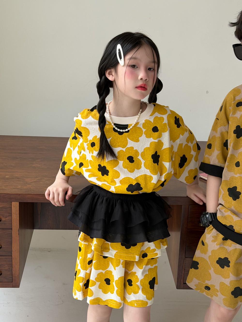 【100-160cm】韓版滿印花朵短褲套裝