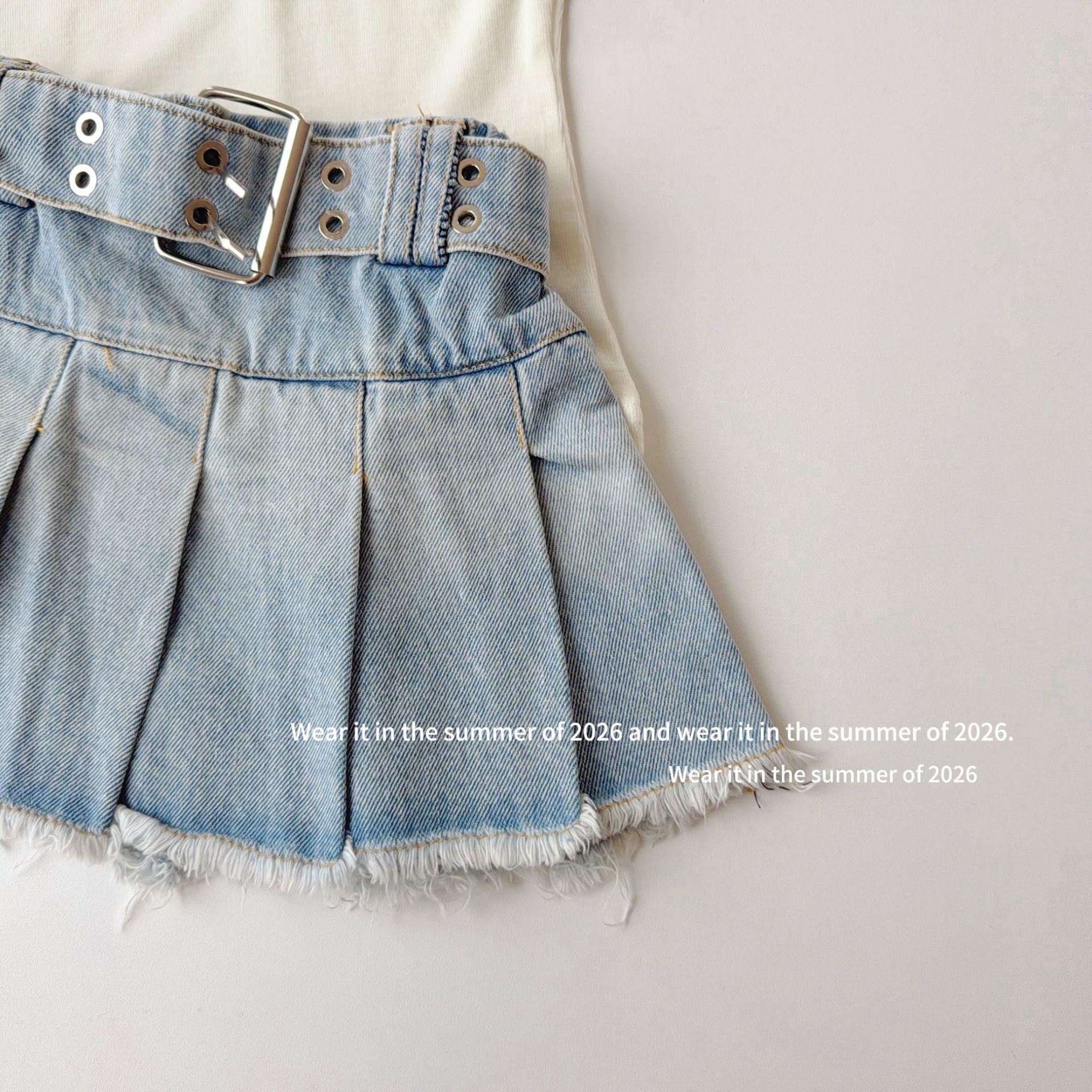 【90-150cm】荷葉邊鬆緊高腰牛仔百褶裙