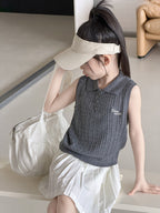 【100-170cm】4色-麻花紋學院風字母刺繡針織POLO背心