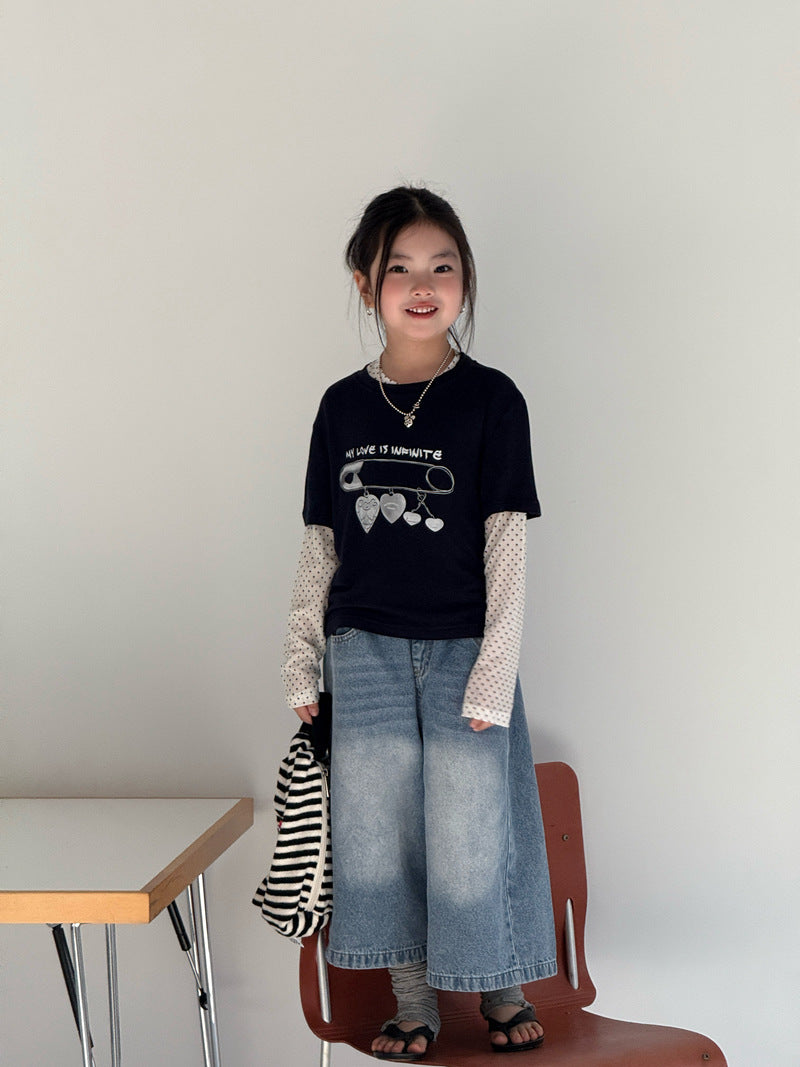 【120-160cm】疊穿針織兩件套上衣印花T