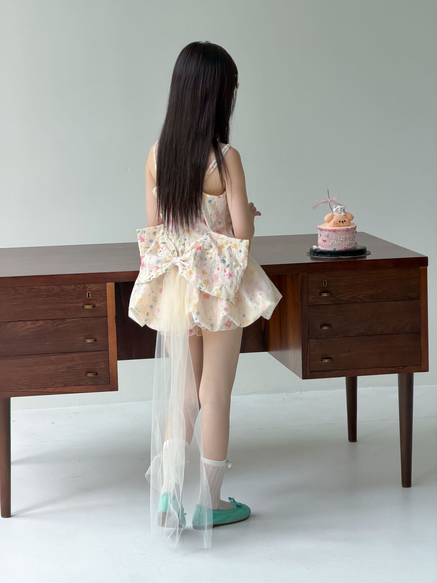 【90-160cm】碎花蝴蝶結網紗拖尾公主裙