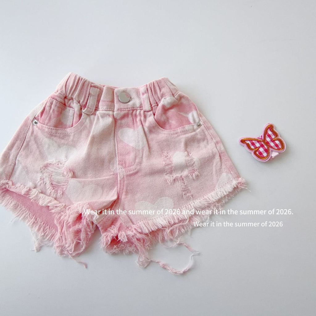 【90-150cm】粉色毛邊破洞牛仔褲