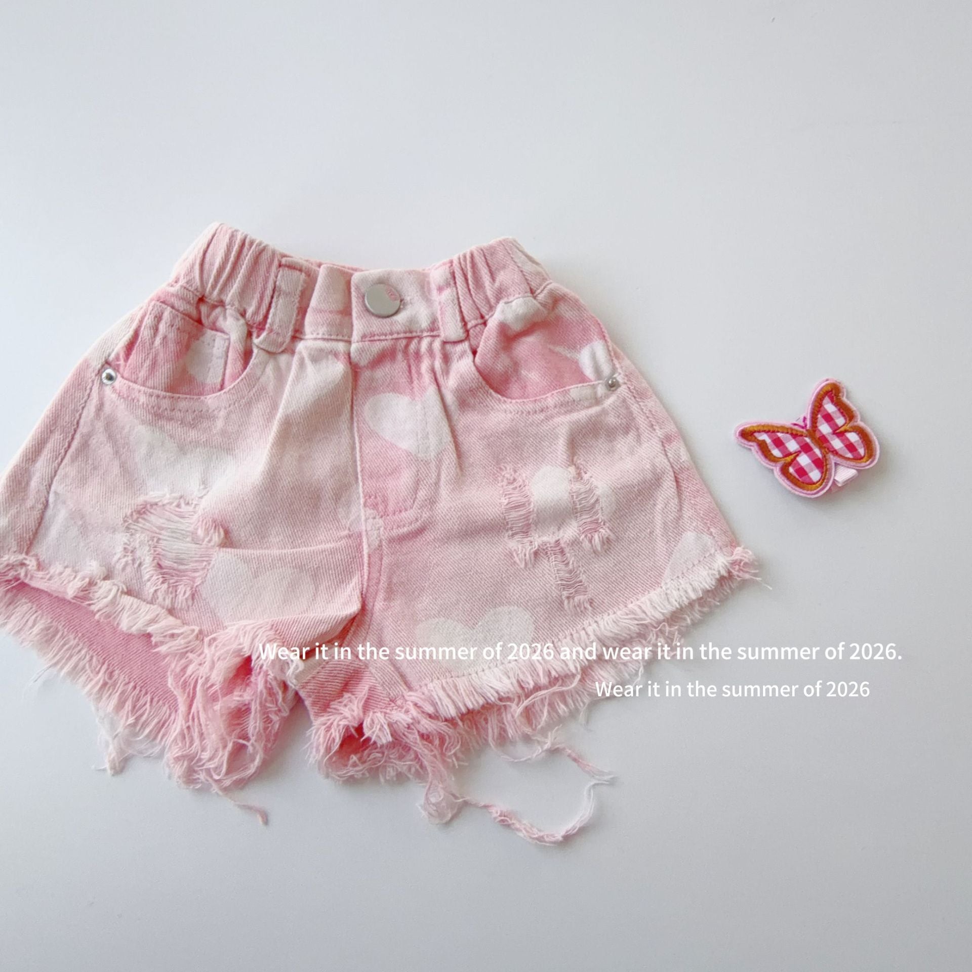 【90-150cm】粉色毛邊破洞牛仔褲