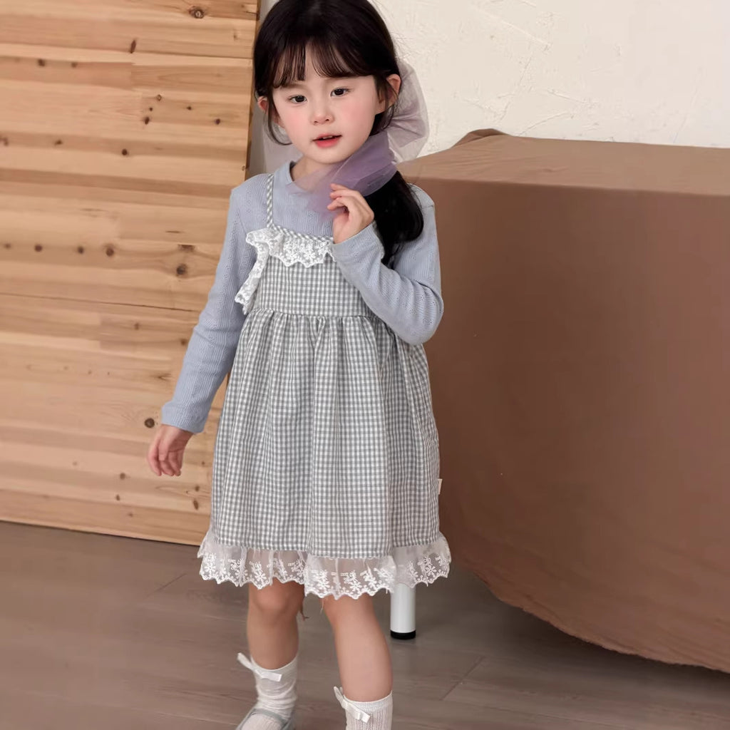 【90-140cm】花邊格子洋裝吊帶裙